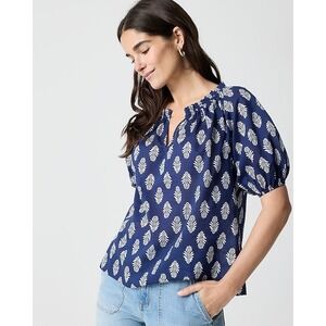 J Crew Factory Navy Blue White‎ Leaf Print Puff Sleeve Top Blouse Size Small